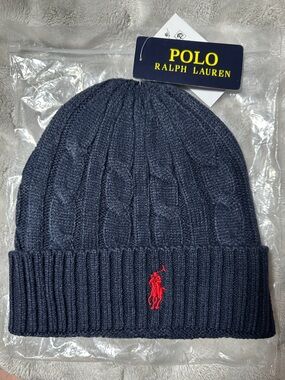 Polo Ralph Lauren Navy Ribbed Cuffed Beanie Red Pony Logo NWT